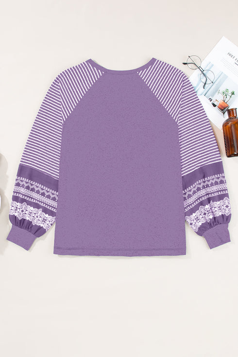 Contrast Print Striped Raglan Crew Neck Loose Long Sleeve Top